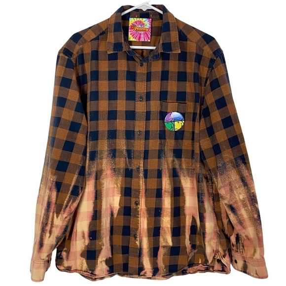 Nirvana Band Flannel Shirt Mens Unisex XL Shacket Buffalo Plaid Upcycled Brown - Picture 2 of 10
